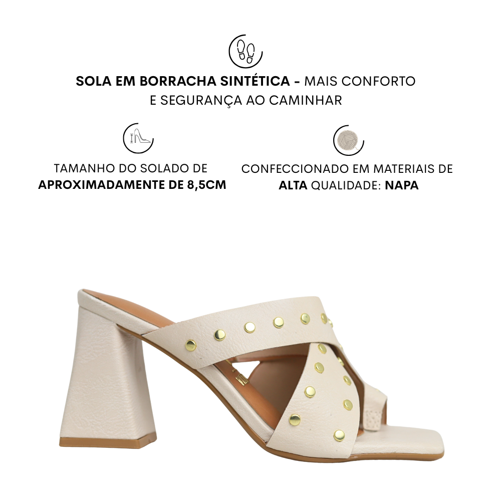 Sandália Feminino Tamanco Salto Bloco Tachas Vizzano 6464149 Bege 2