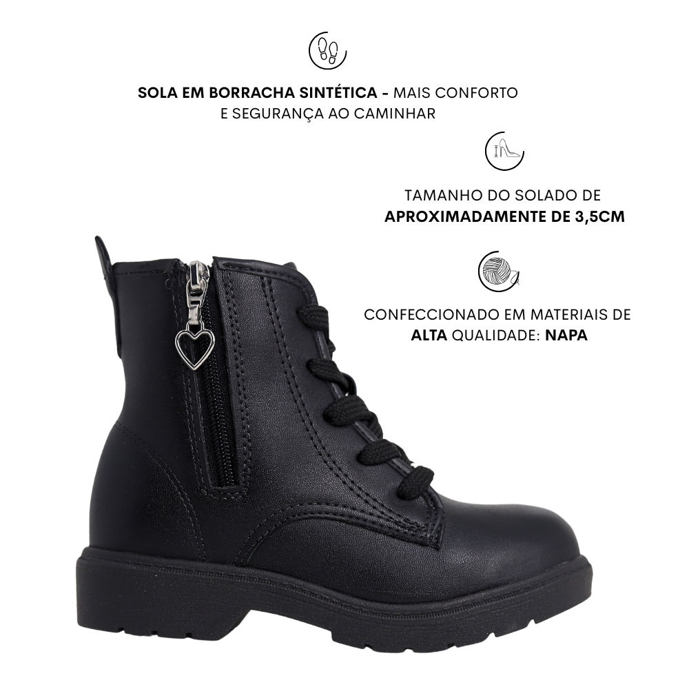 Bota Coturno Juvenil Menina Ziper Coração Molekinha 2164.146 Preto 2