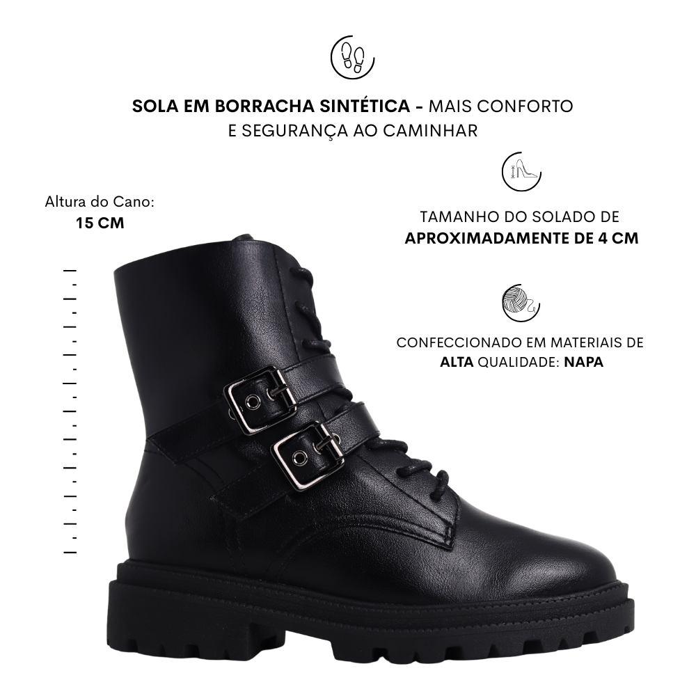 Bota Coturno Feminina Cano Curto Fivelas  Ramarim 25-61131 Preto 2