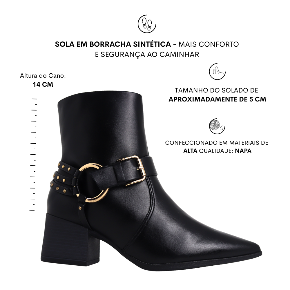 Bota Feminina Cano Curto Bico Fino Detalhes Ramarim  2559131 Preto 2