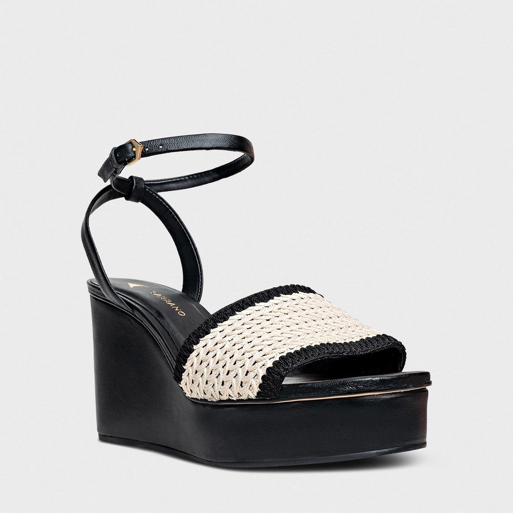 Sandália Anabela Bicolor Crochet e Couro Carrano 154113 Preto 2