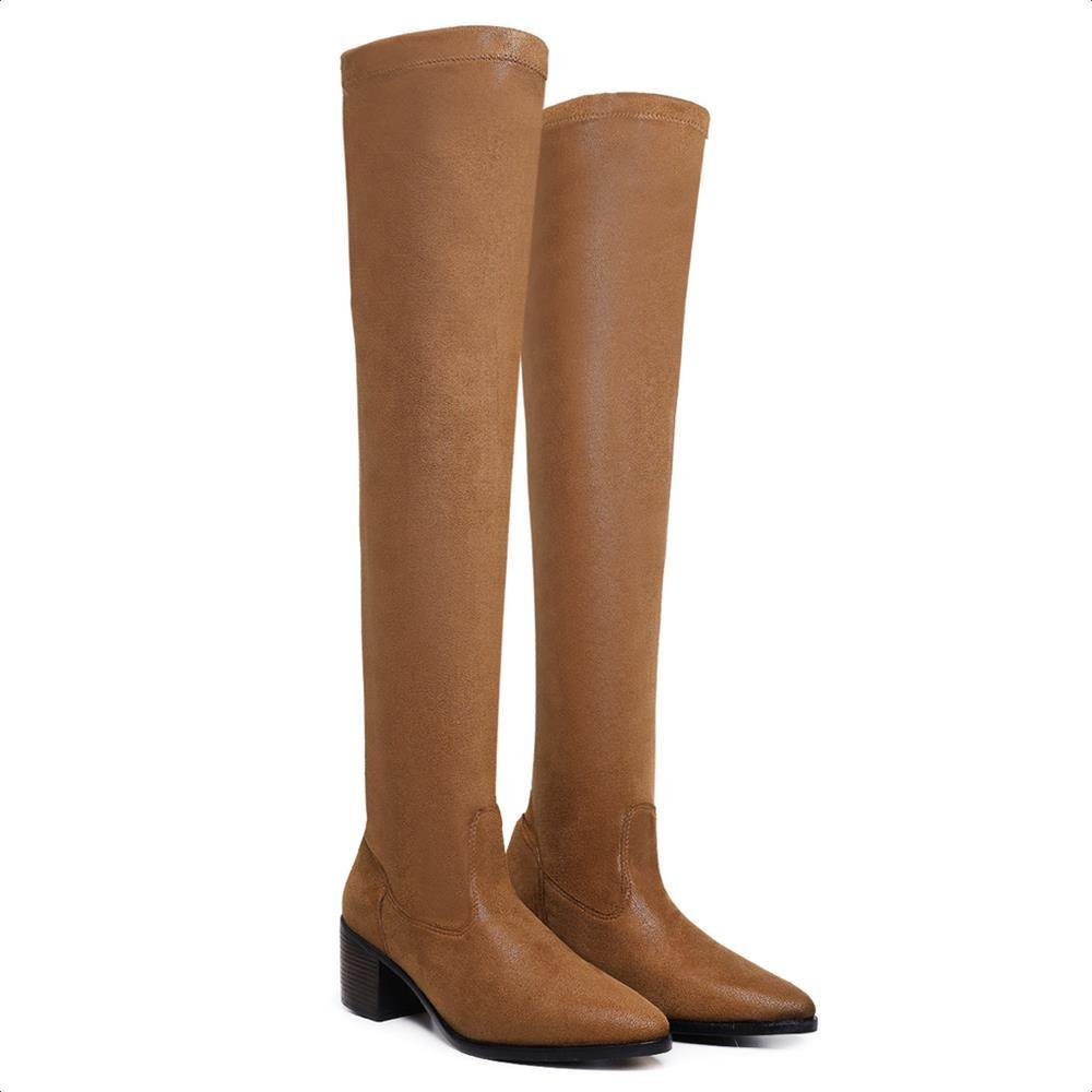 Bota Over The Knee Bico Fino Salto Baixo Elástico Moderna Marrom 2