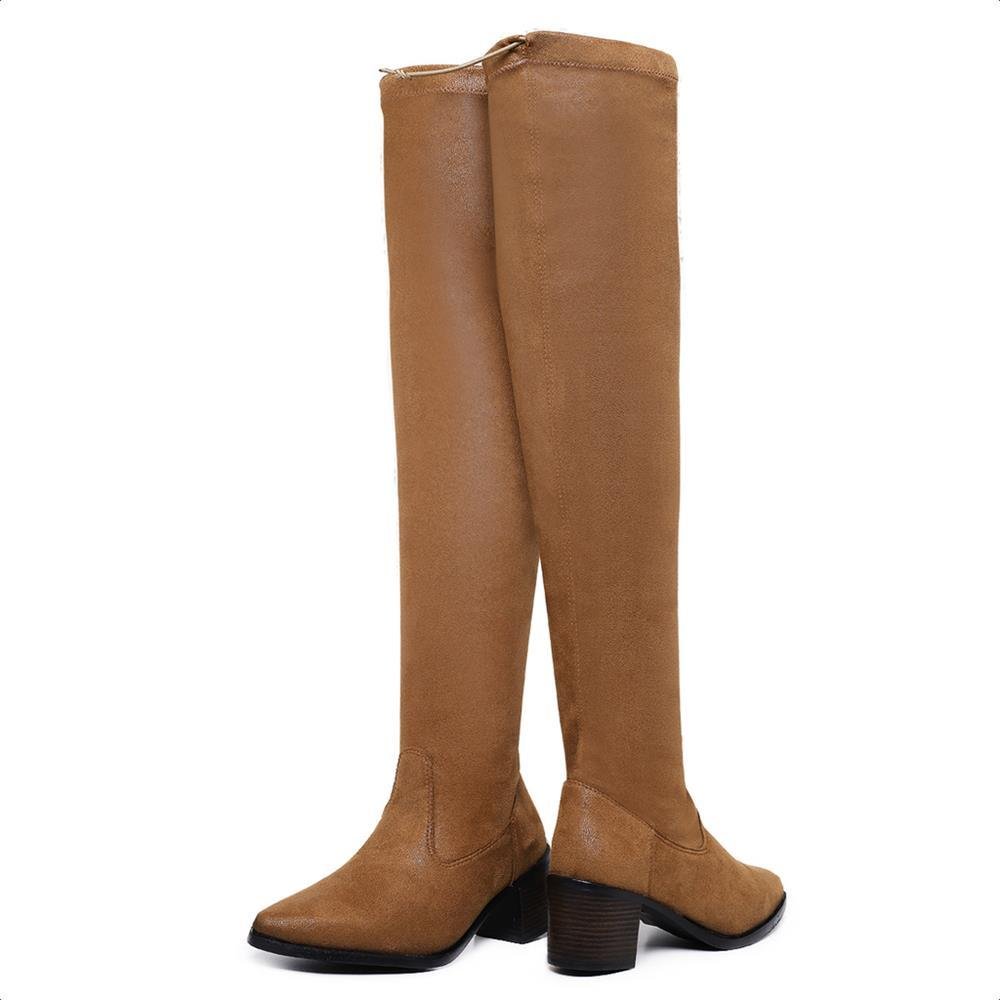 Bota Over The Knee Bico Fino Salto Baixo Elástico Moderna Marrom 3