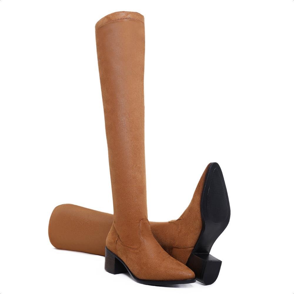 Bota Over The Knee Bico Fino Salto Baixo Elástico Moderna Marrom 4