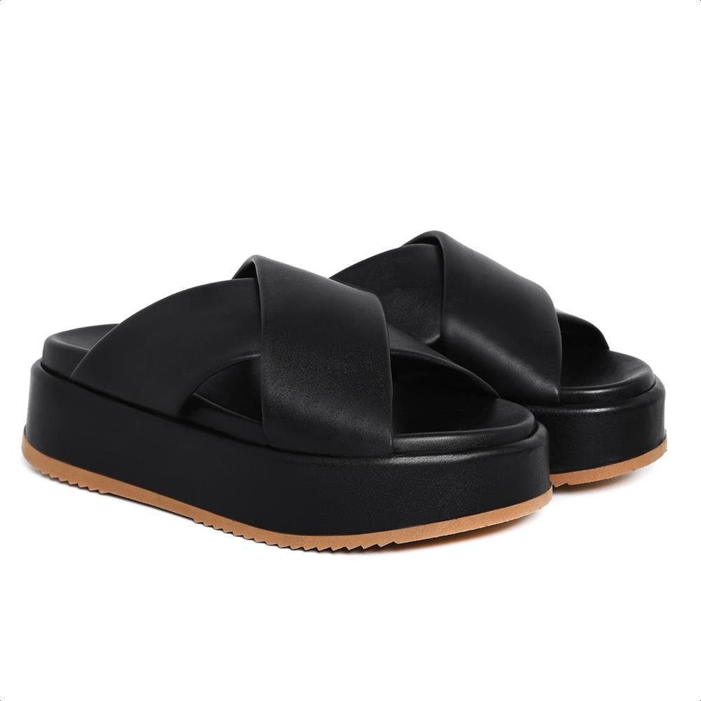 Sandália Feminina Plataforma Com Tiras Moderna Preto