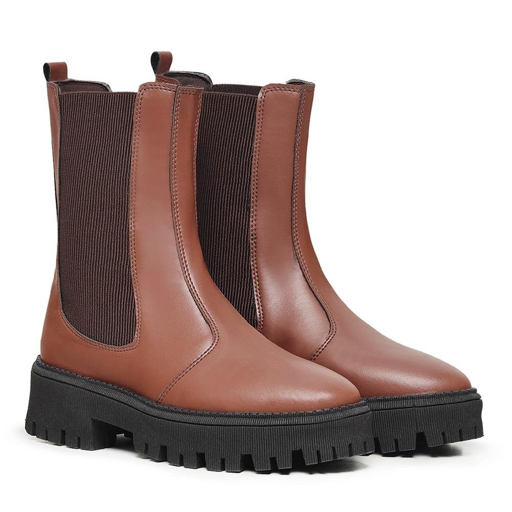 Bota Chelsea Feminina Cano Alto Plataforma Tratorada Moderno Marrom 1