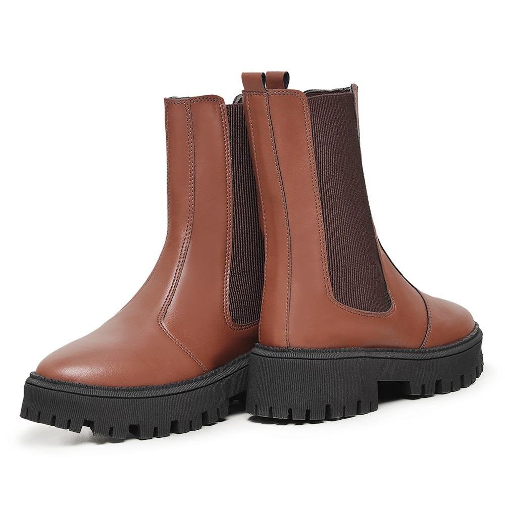 Bota Chelsea Feminina Cano Alto Plataforma Tratorada Moderno Marrom 3