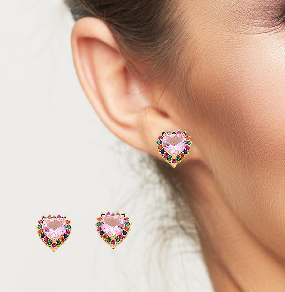 Conjunto Colar e brincos Coração rosa e Zirconias coloridas Banhadas Ouro 18k - 45cm Dourado 2