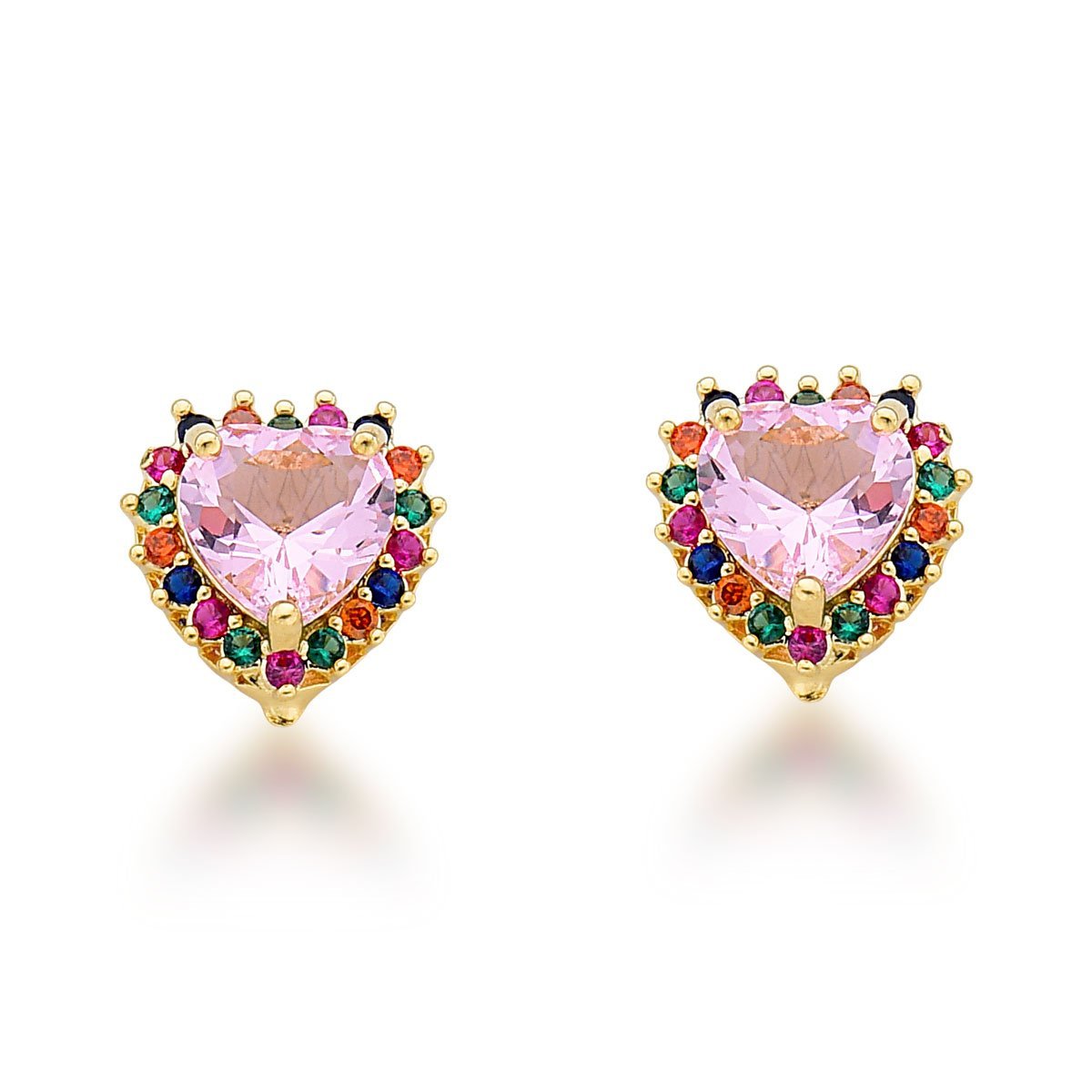 Conjunto Colar e brincos Coração rosa e Zirconias coloridas Banhadas Ouro 18k - 45cm Dourado 4