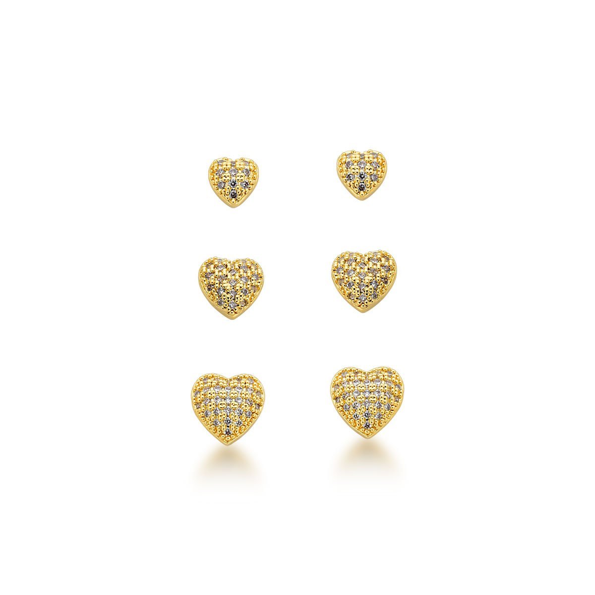 Kit Trio de Brincos coração cravejado Banhado Ouro 18k Dourado 1