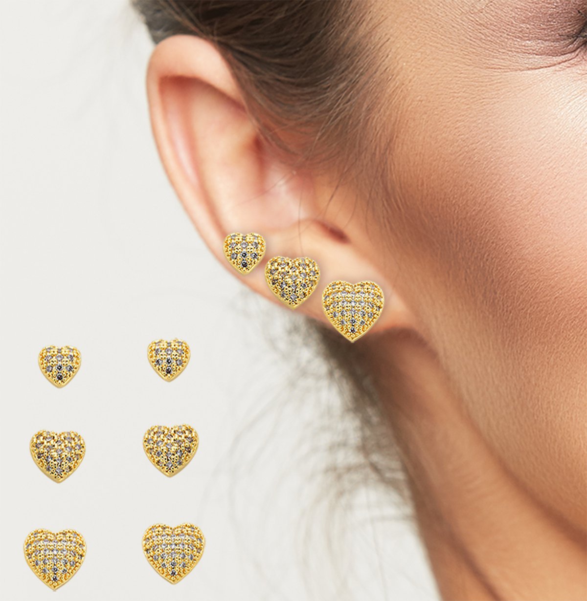Kit Trio de Brincos coração cravejado Banhado Ouro 18k Dourado 2