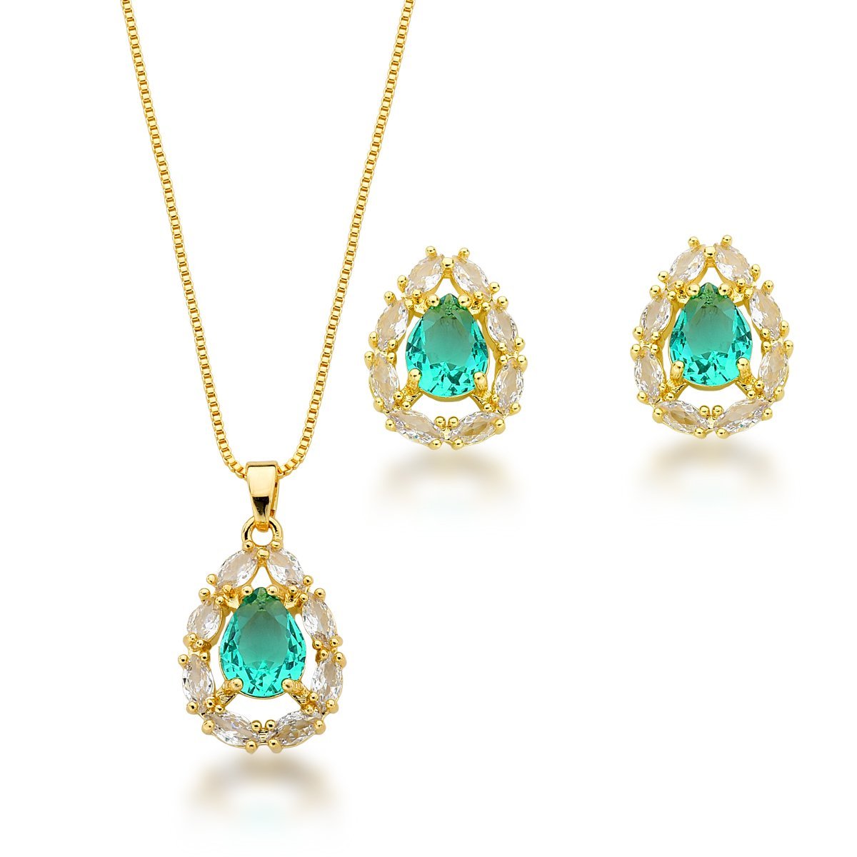 Conjunto Colar e Brincos Com Zirconia Gota Verde Claro Banhada a Ouro 18k - 45cm Dourado 1