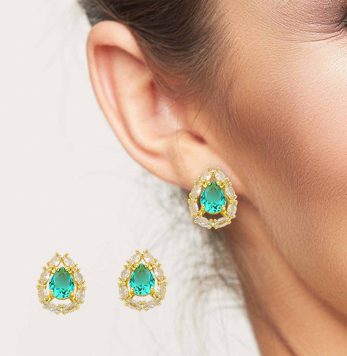 Conjunto Colar e Brincos Com Zirconia Gota Verde Claro Banhada a Ouro 18k - 45cm Dourado 2