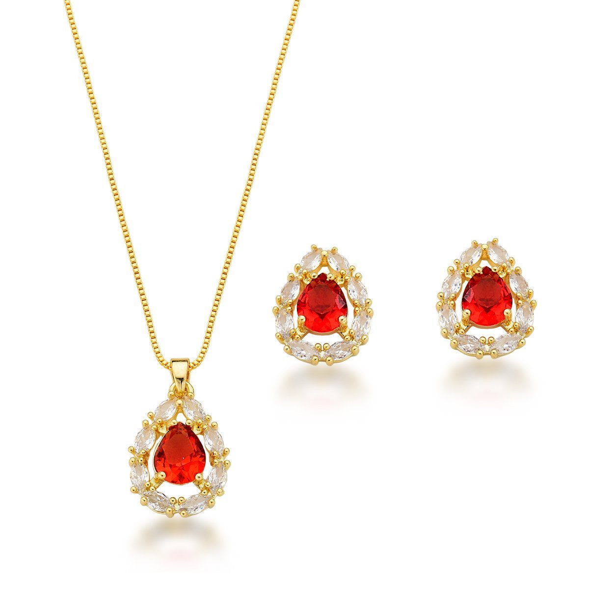 Conjunto Colar e Brincos Com Zirconia Gota Vermelha Banhada a Ouro 18k - 45cm Dourado 1