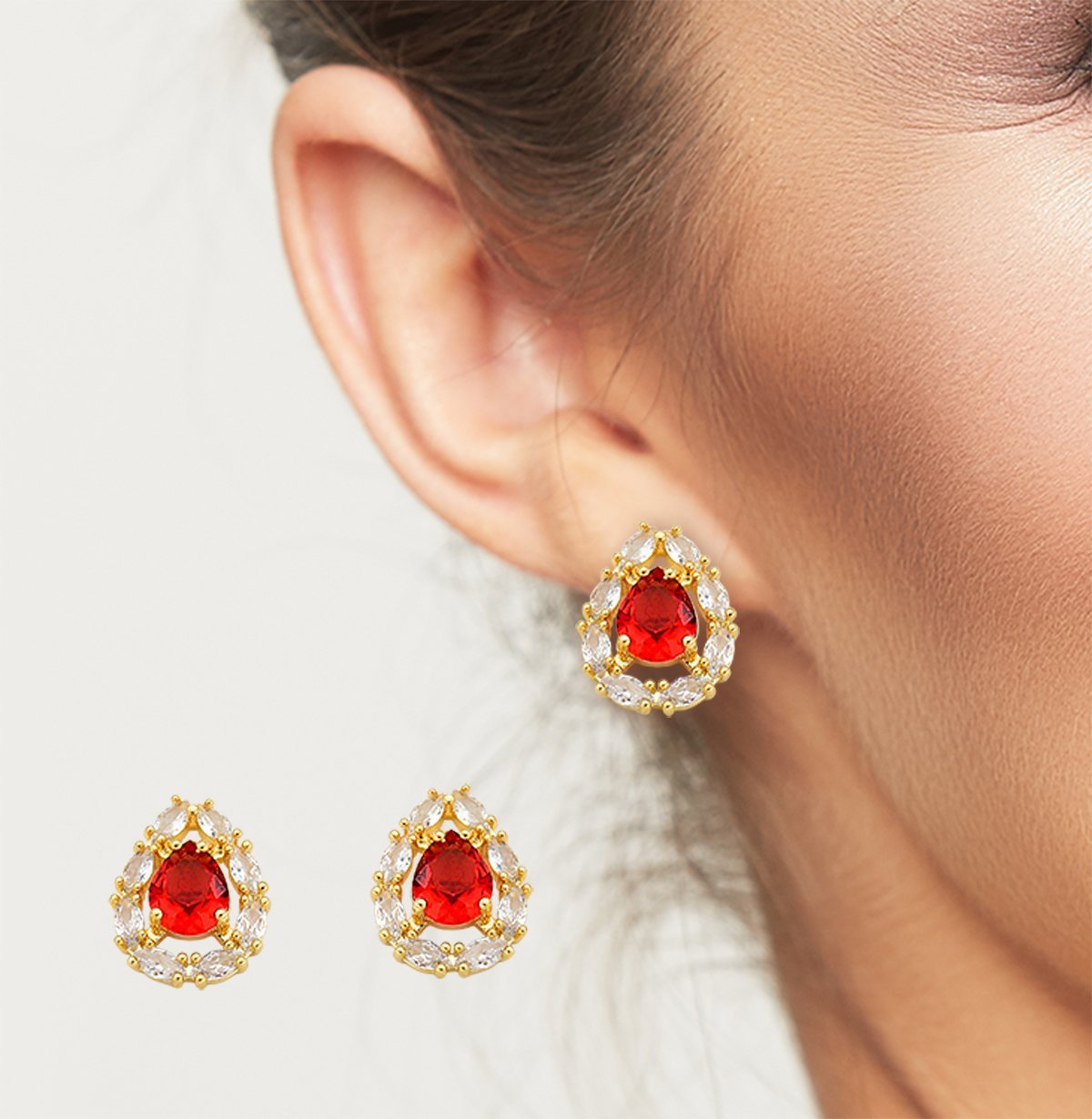 Conjunto Colar e Brincos Com Zirconia Gota Vermelha Banhada a Ouro 18k - 45cm Dourado 2