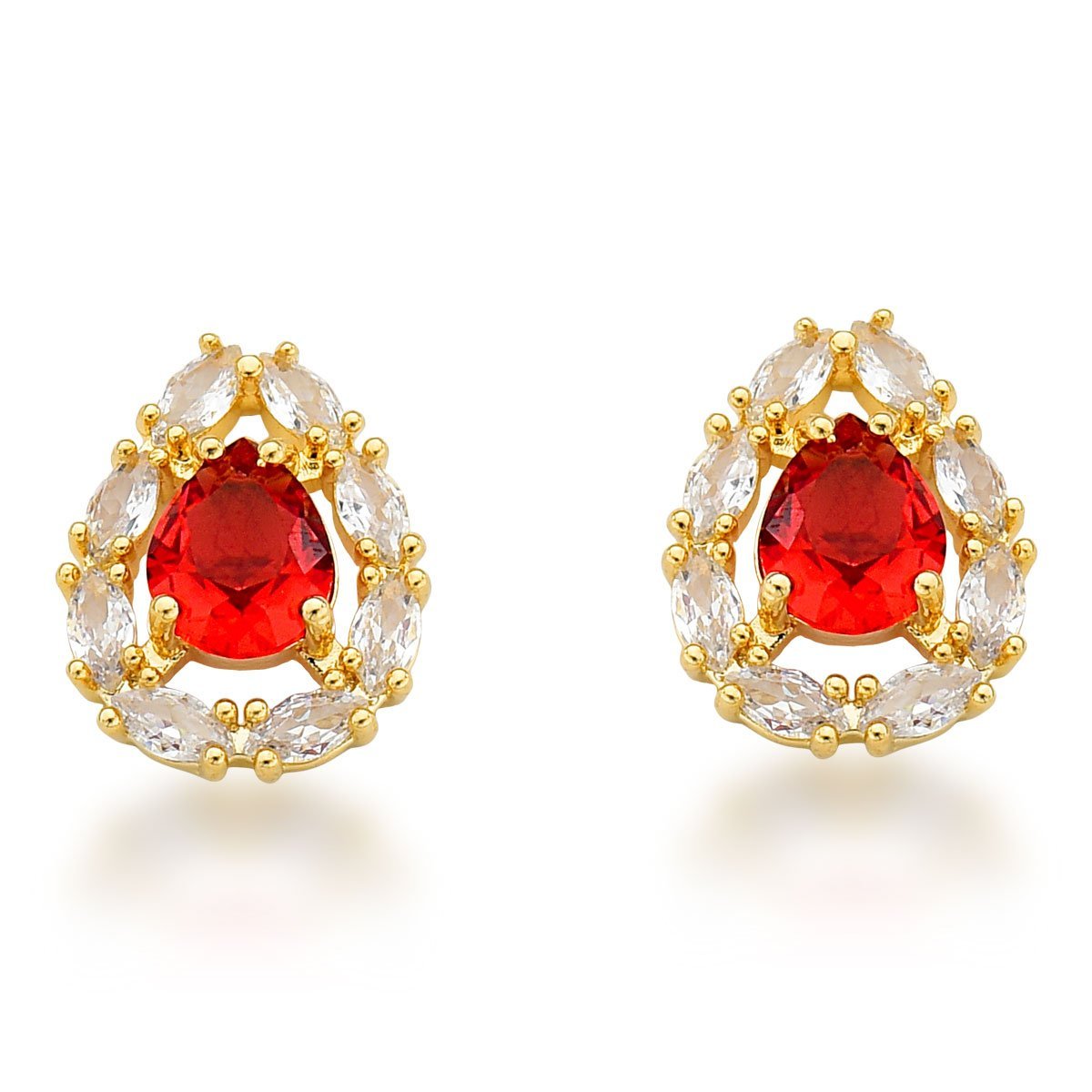 Conjunto Colar e Brincos Com Zirconia Gota Vermelha Banhada a Ouro 18k - 45cm Dourado 4