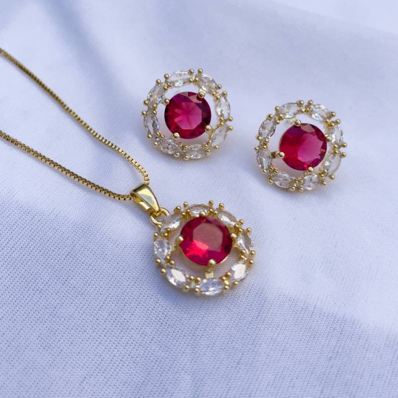 Conjunto colar e Brincos com Zirconia vermelha Banhada a Ouro 18k Vermelho 5