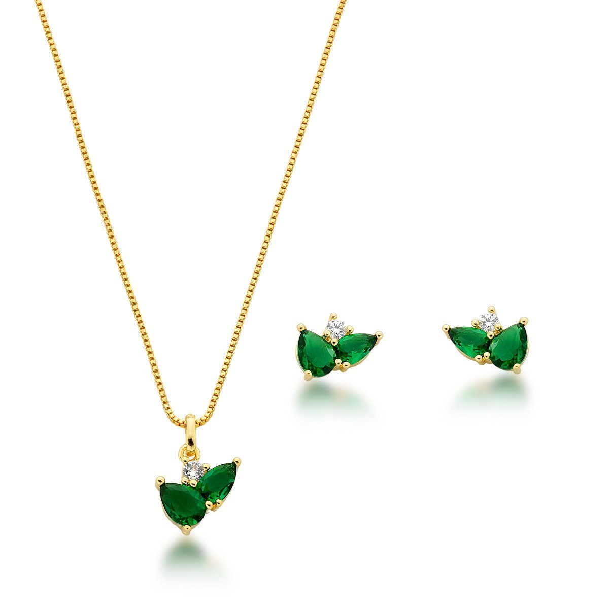 Conjunto Colar e brincos em Zirconias coloridas Banhado a Ouro 18k
