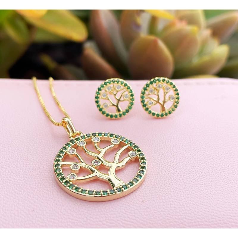Conjunto Colar e Brincos Arvore da Vida Verde Banhada a Ouro 18k Dourado 2