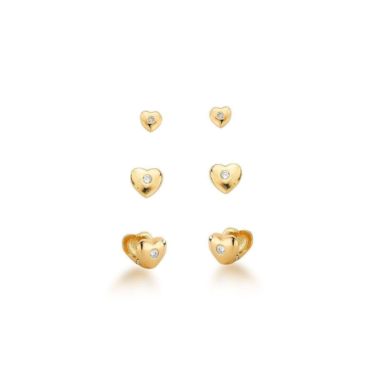 Trio de Brincos Corações com ponto de Luz Banhado a Ouro 18k