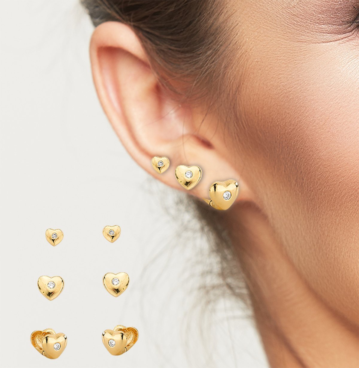 Trio de Brincos Corações com ponto de Luz Banhado a Ouro 18k Dourado 2