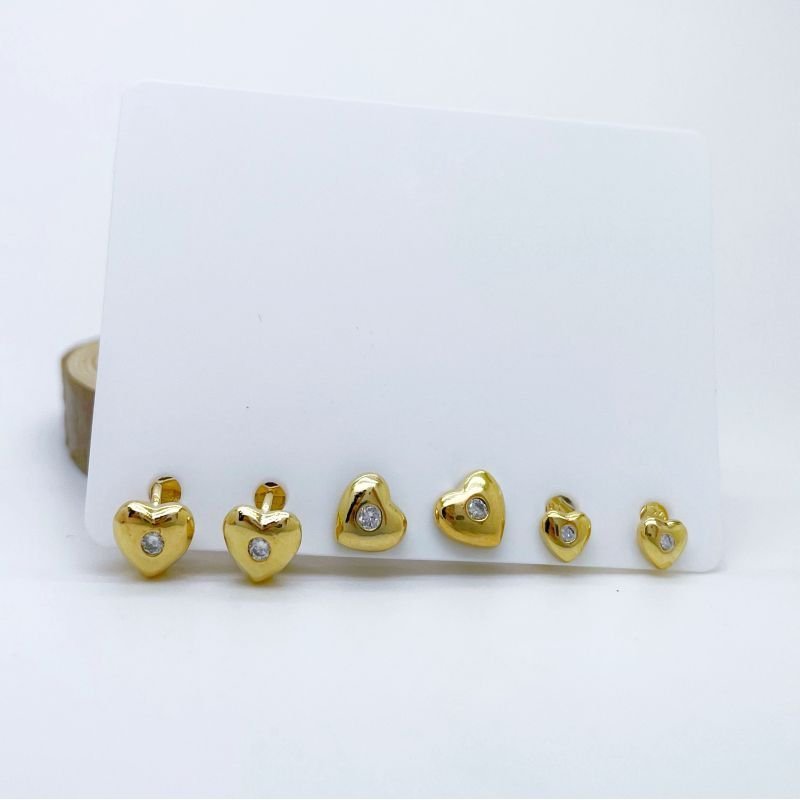 Trio de Brincos Corações com ponto de Luz Banhado a Ouro 18k Dourado 7