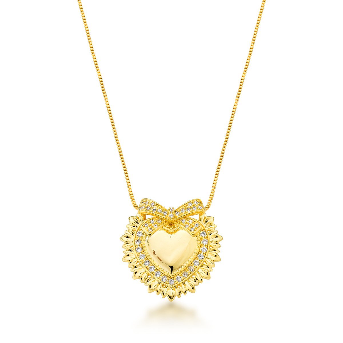 Conjunto Colar e Brincos Coração com Laço Banhado a Ouro 18k - 45cm Dourado 2
