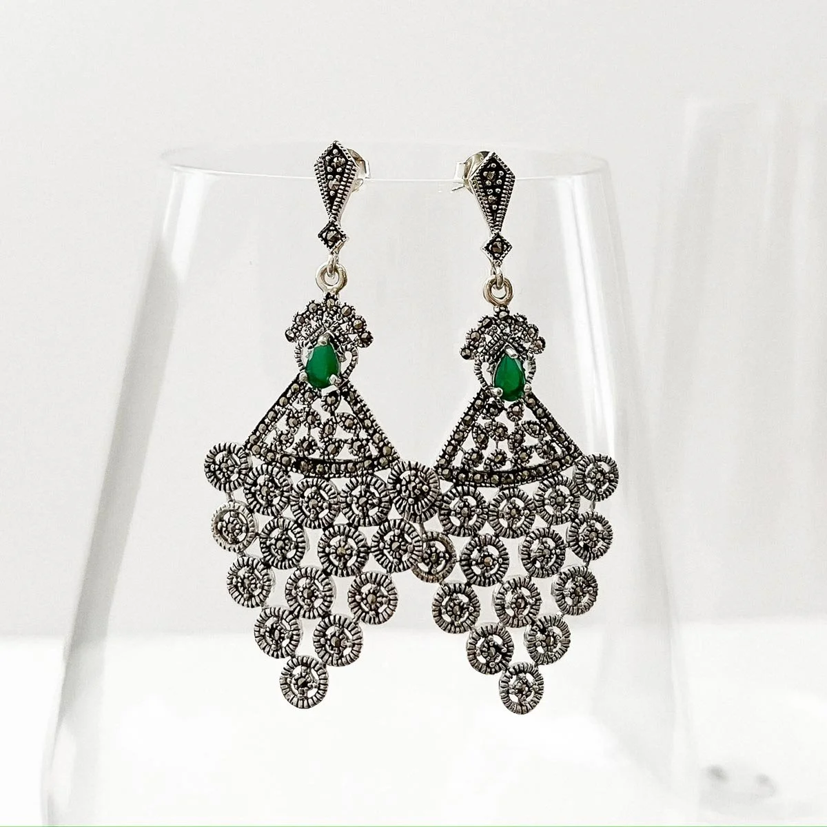 Brinco Imponente com Marcassitas e Pedra natural Prata 925 - Safira Indiana Prata 3