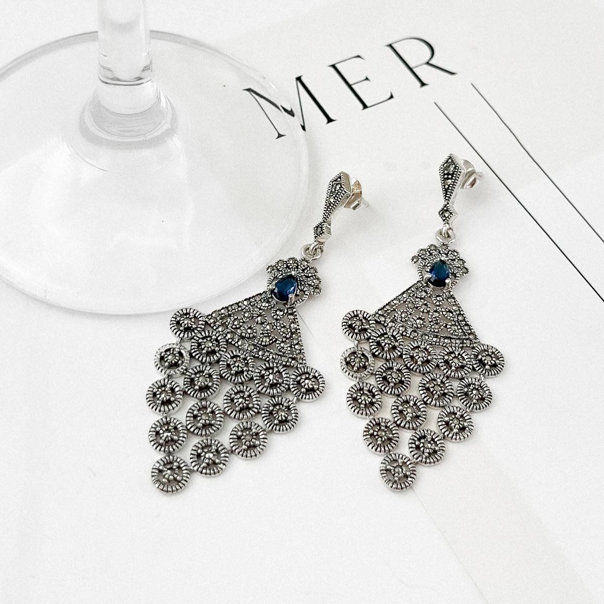 Brinco Imponente com Marcassitas e Pedra natural Prata 925 - Safira Indiana Prata 4
