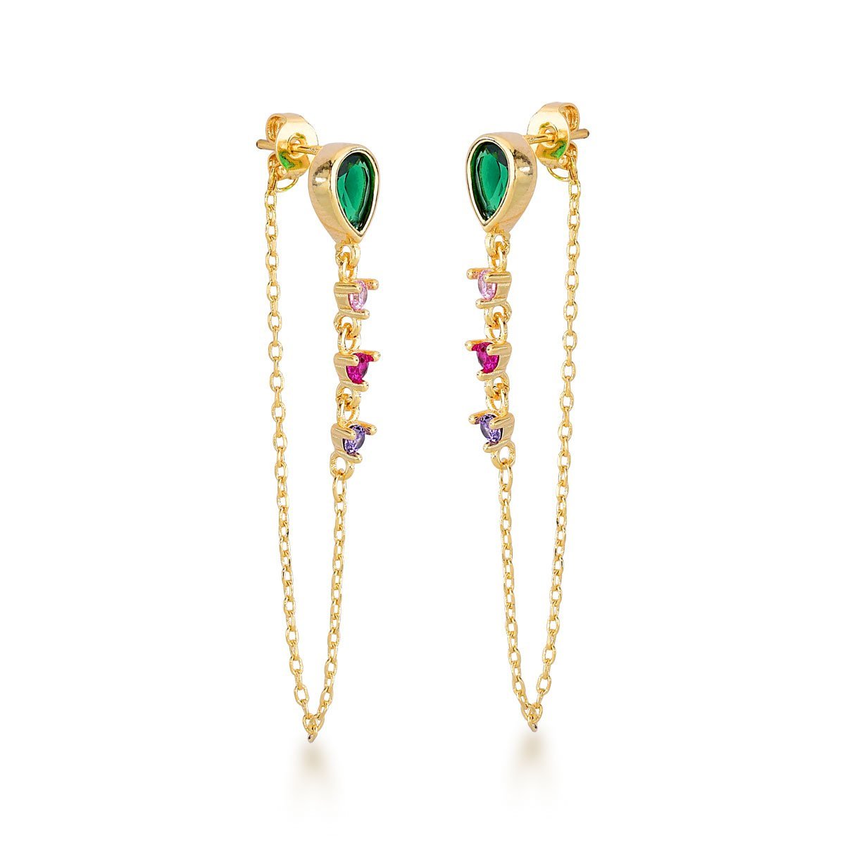 Brinco Gota Zirconia com Corrente Zircônios coloridos Banhado a Ouro 18k - Verde Dourado 1