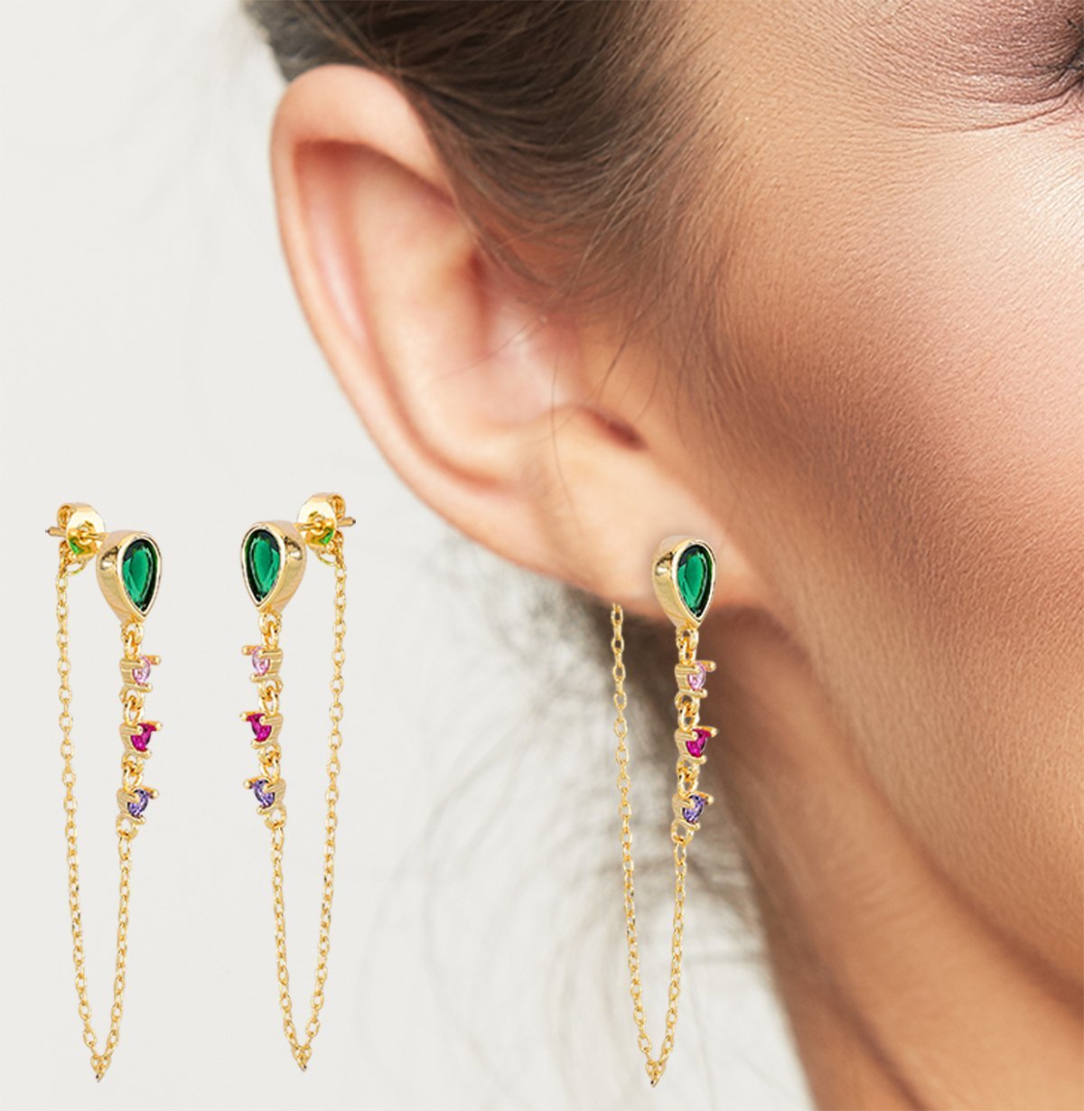 Brinco Gota Zirconia com Corrente Zircônios coloridos Banhado a Ouro 18k - Verde Dourado 2