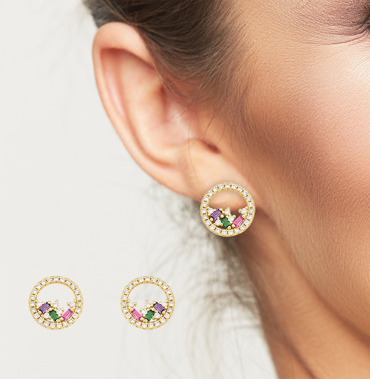 Brinco Redondo com Zirconias Coloridas Banhado a Ouro 18k Dourado 2