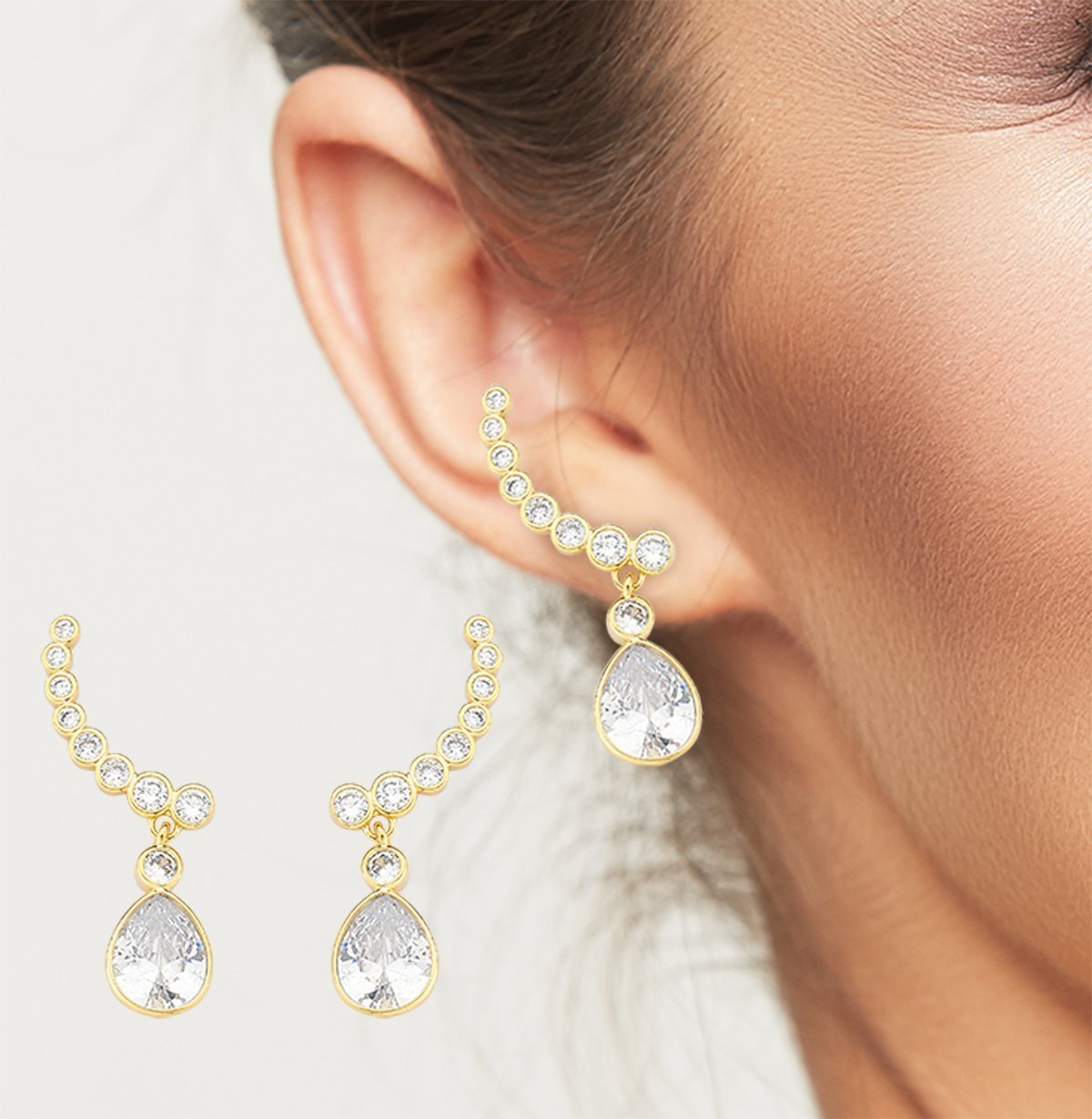 Brinco Earcuff Cravejado e com Pingente Oval Banhado a Ouro 18k Dourado 2
