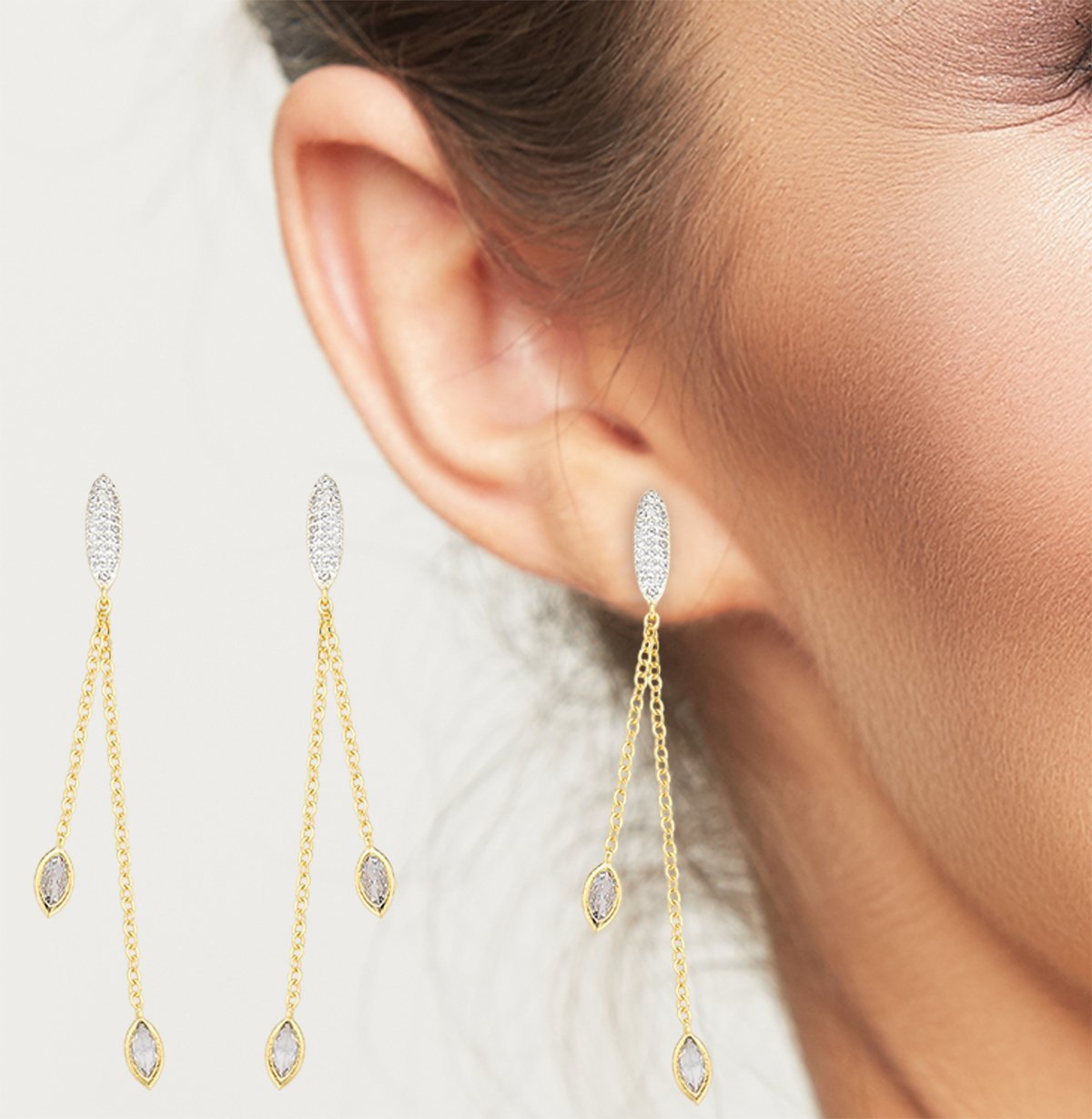 Brinco Duas Correntes com Zircônios Banhados a Ouro 18k Dourado 2