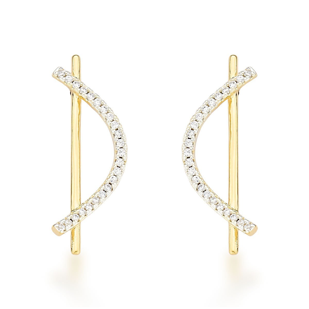 Brinco Delicado Palito com Onda Cravejada Banhado a Ouro 18k