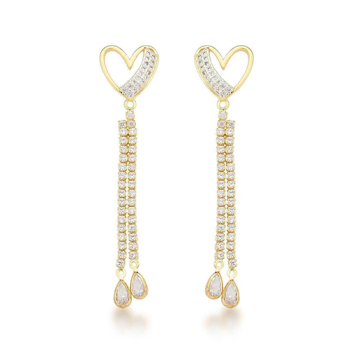 Brinco Coração com Franja dupla Riviera Banhado a Ouro 18k Dourado 1