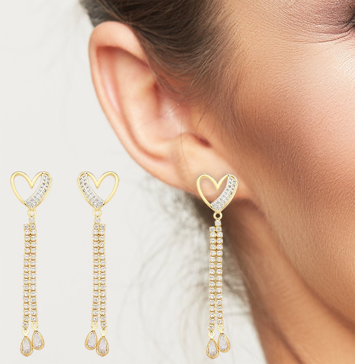 Brinco Coração com Franja dupla Riviera Banhado a Ouro 18k Dourado 2