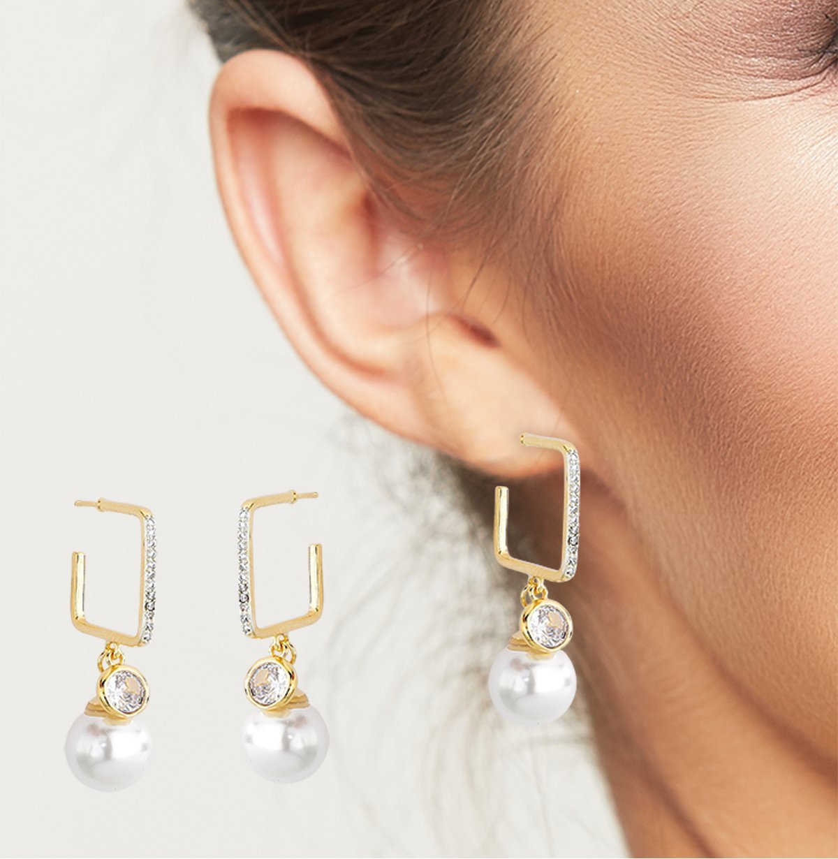 Brinco Argola Quadrada com perola e Zirconia Banhada a Ouro 18k Dourado 2