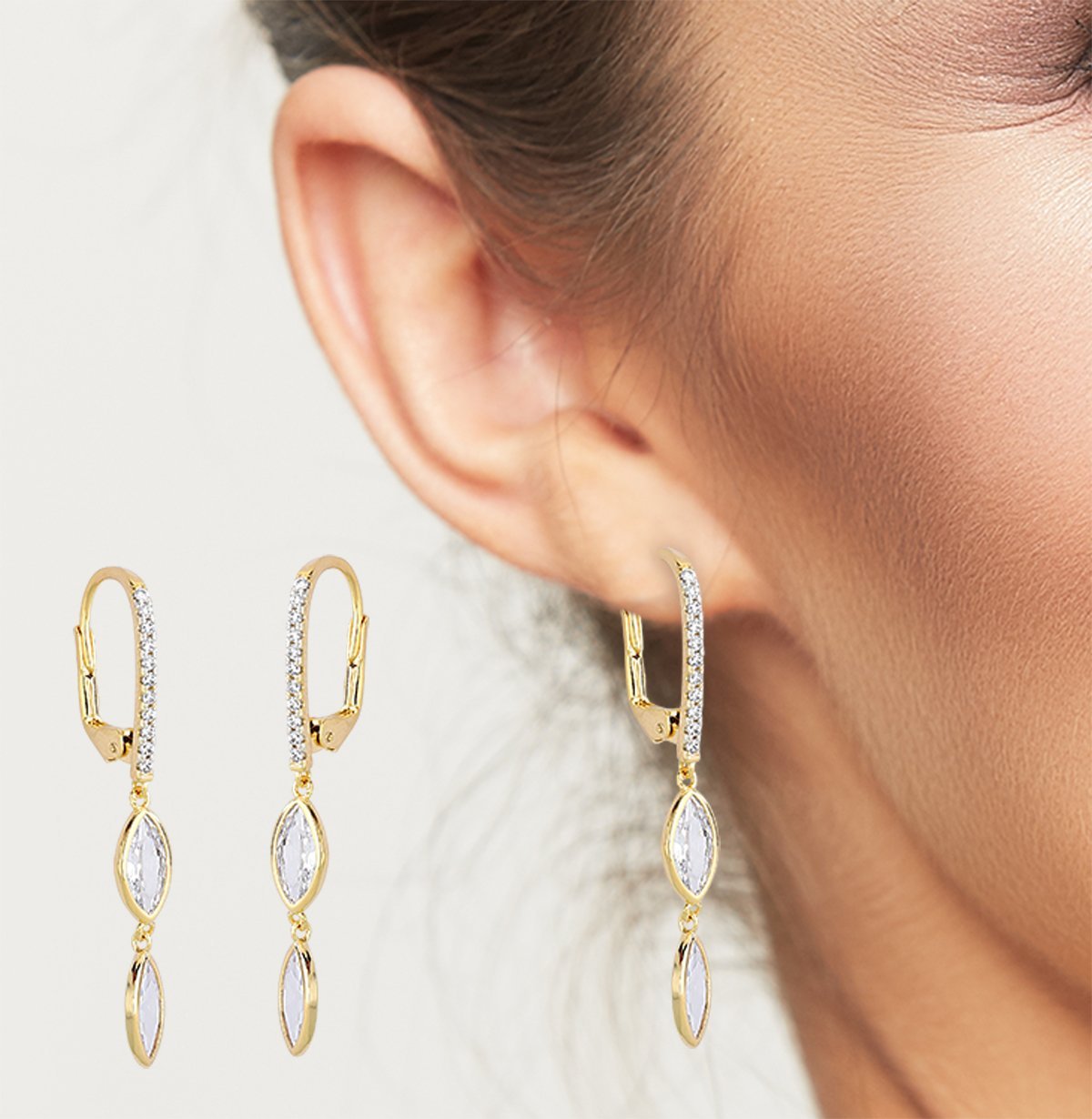 Brinco Argola Oval com duas Zirconias pendentes Banhado a Ouro 18k Dourado 2