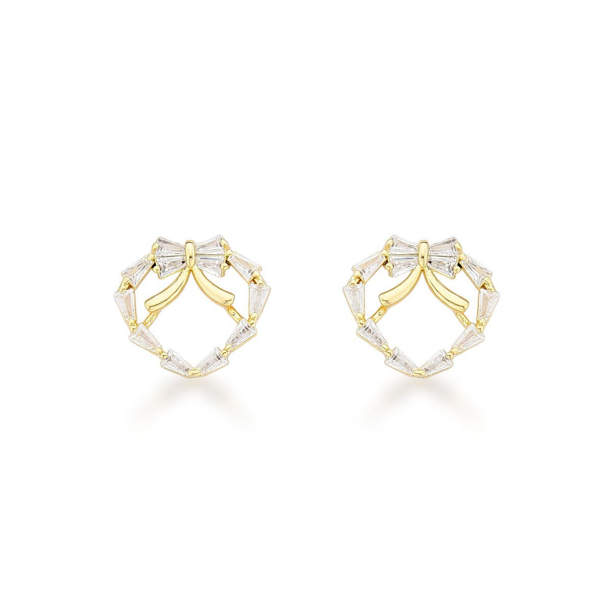 Brincos Românticos Coração e Laço - Ouro 18k com Zircônias Cristais Dourado 1