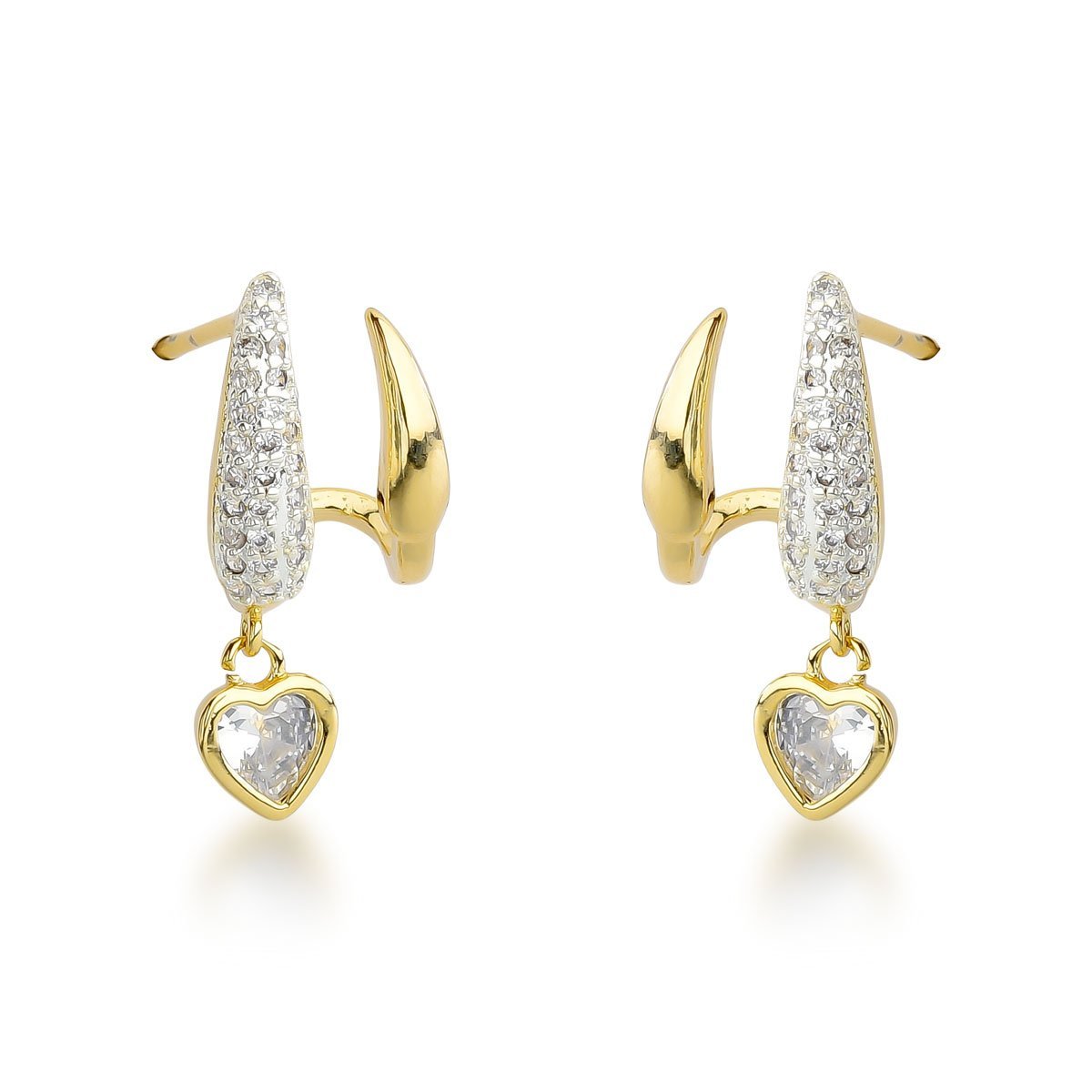 Brincos Elegance - Delicados Banhados a Ouro 18k com Pendente de Coração em Zircônia Cristal Dourado 1