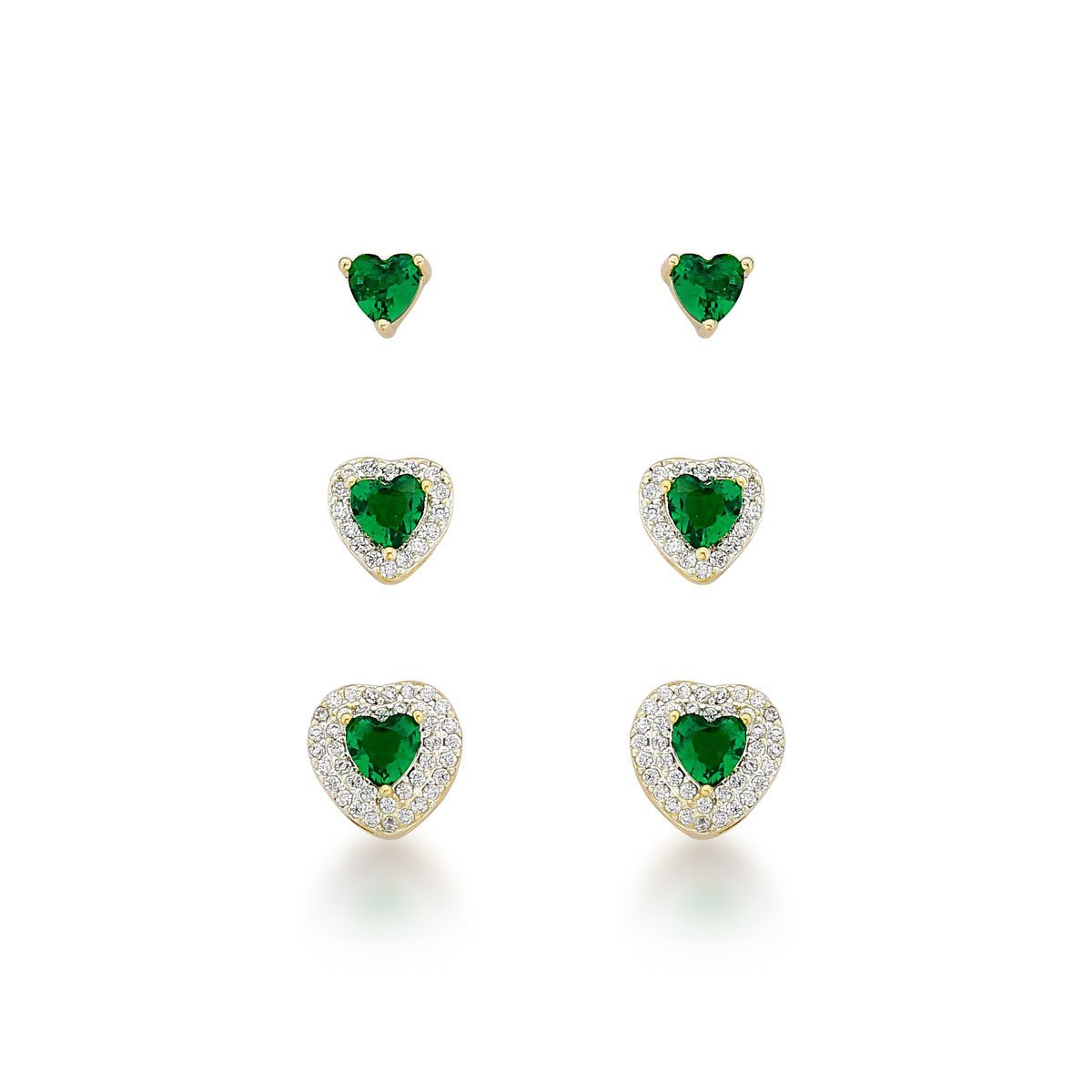 Kit Charme de Brincos Coração - Trio Banhado em Ouro 18K com Zirconias - Verde Prata 2