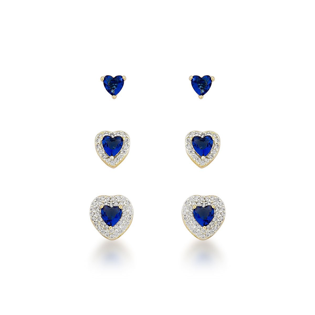 Kit Charme de Brincos Coração - Trio Banhado em Ouro 18K com Zirconias - Verde Prata 1
