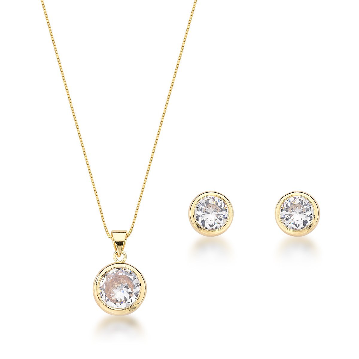 Conjunto de Colar e Brincos de Zircônia Ponto de Luz 11mm Banho de Ouro 18k Dourado 1