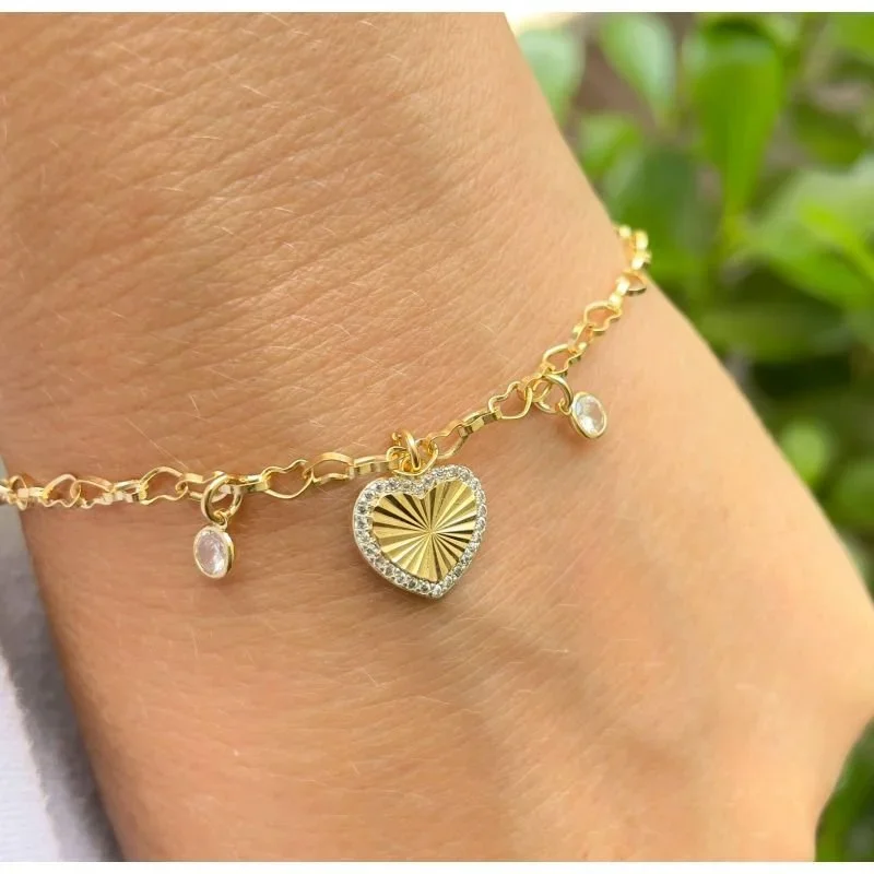 Pulseira com Pingente de Coração e Detalhes em Zircônia: Puro Romance - 17cm Dourado 2