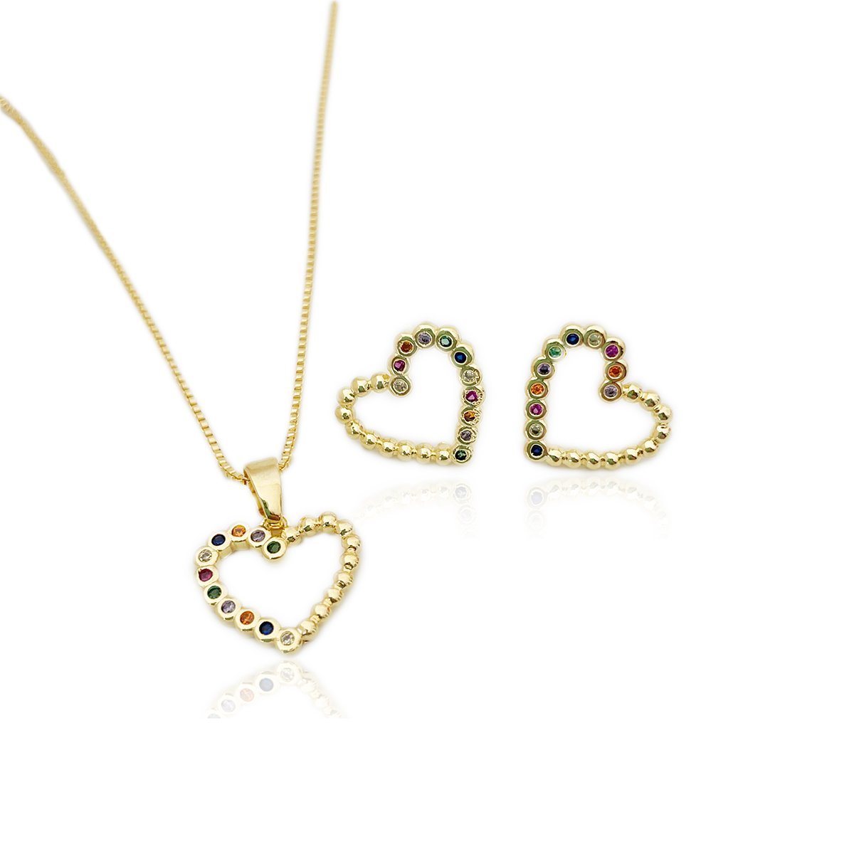 Conjunto Colar e Brincos Coração colorido Banhado a Ouro 18k Dourado 1
