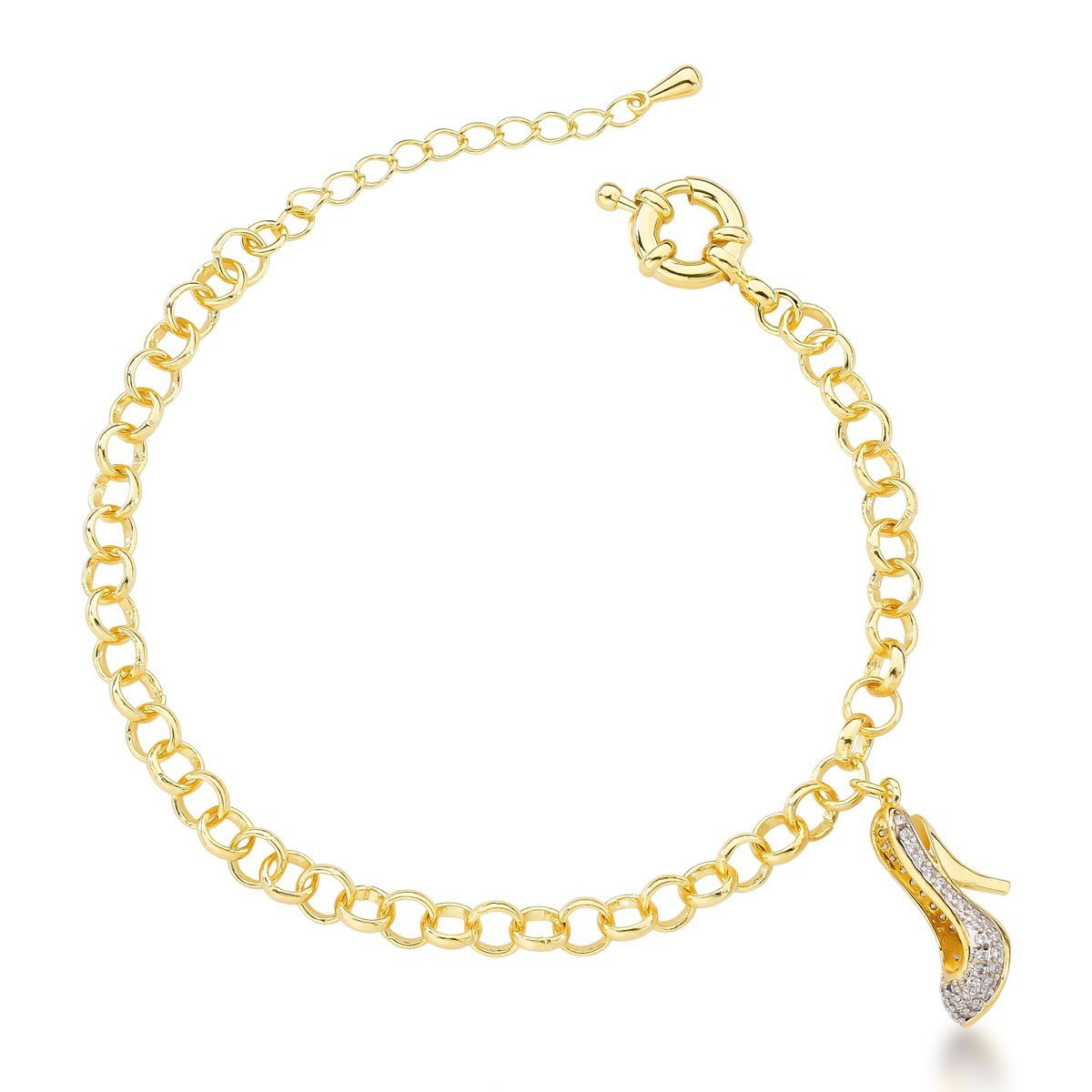 Pulseira Feminina de Luxo Banhada a Ouro 18k e Scarpin Cravejado com Zircônias