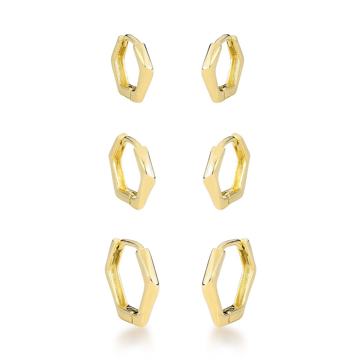 Trio de Brincos Argola Sextavadas Banhadas a Ouro 18k Dourado 1