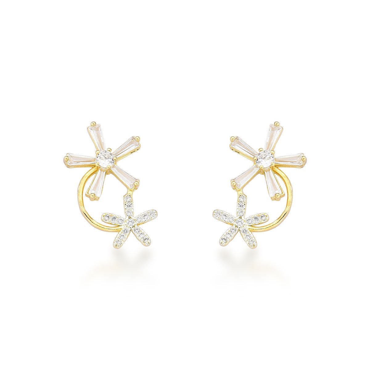 Flores de Ouro: Brincos Banhados a Ouro 18k com Zircônia - Sofisticação Natural Dourado 1