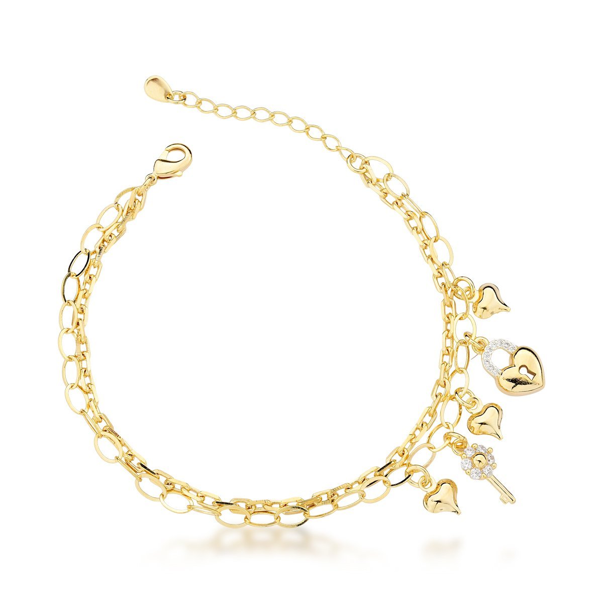 Joia de Amor - Pulseira Corrente Dupla Banhada a Ouro 18k com Cristais e Corações Dourado 1